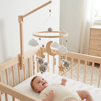 Mobile bebe apaisant avec nuages blancs, etoiles bois et moutons.
