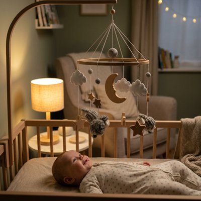 Mobile bebe bois avec moutons, nuages, étoiles et lune douce.