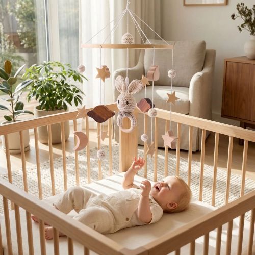 Mobile bébé lapin apaisant suspendu dans chambre lumineuse et cosy