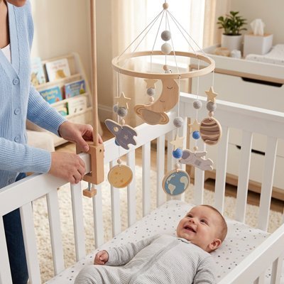 Mobile bebe espace suspendu au-dessus berceau blanc avec bebe heureux