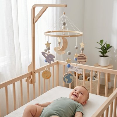Mobile bebe espace suspendu au-dessus berceau bois bebe content