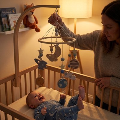 Mobile bebe espace suspendu au-dessus berceau bois bebe joyeux