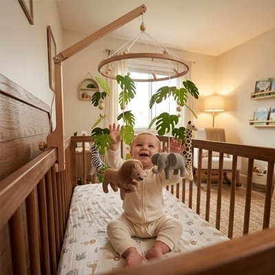 Mobile bebe jungle avec lion elephant et feuilles vertes