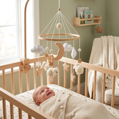 Mobile bebe naturel avec moutons, nuages, etoiles et lune suspendus.