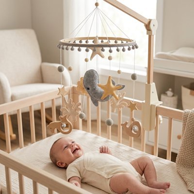 Mobile bebe océan avec bebe souriant et tons naturels doux