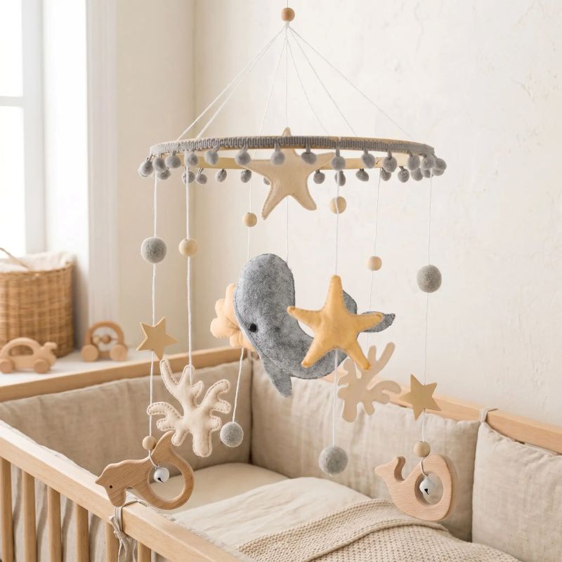 Mobile bebe Océan zen suspendu au-dessus du berceau, décor marin  bois naturel