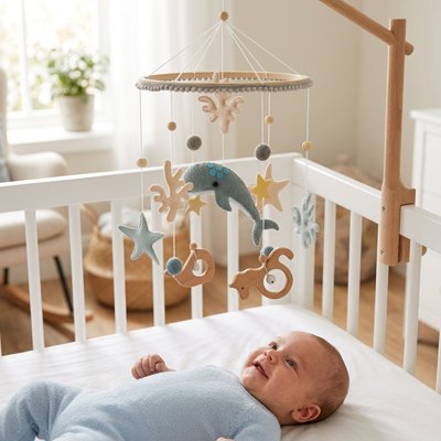 Mobile bebe océan pastel avec bebe allonge dans berceau bois