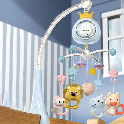 Mobile musical bébé bleu pastel suspendu au-dessus du lit apaisant