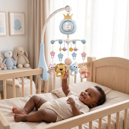 Mobile musical bébé bleu suspendu au-dessus du lit apaisant