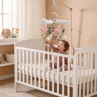 Mobile pour bébé cerf papillons roses nuages chambre beige