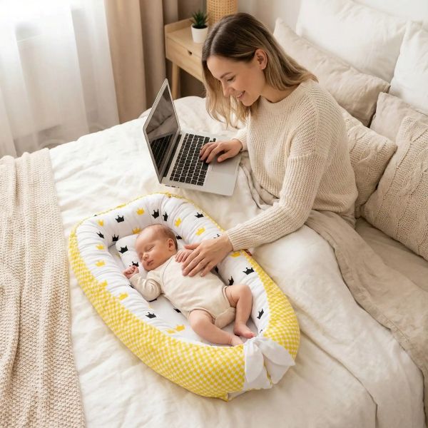 Bébé endormi dans le réducteur de lit CocoSérénité™, motifs couronnes jaunes et noir, ambiance douce et naturelle.