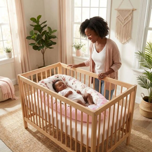 Bébé reposant dans un réducteur de lit évolutif Rosée de Rêve™, à motifs floraux rose et blanc, dans une chambre douce et lumineuse; ambiance rassurante et poétique.