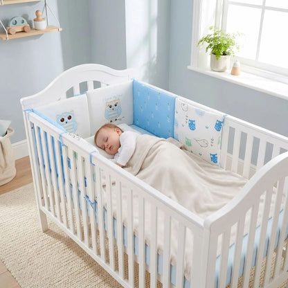 Bébé dort paisiblement, tour de lit hibou bleu doux et apaisant.