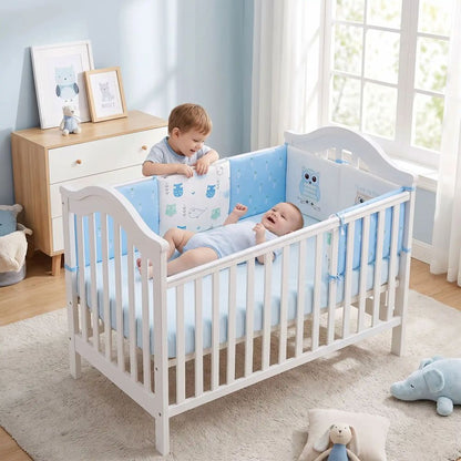 Grand frère souriant penché sur le lit, bébé allongé souriant avec tour de lit bébé hibou bleu.