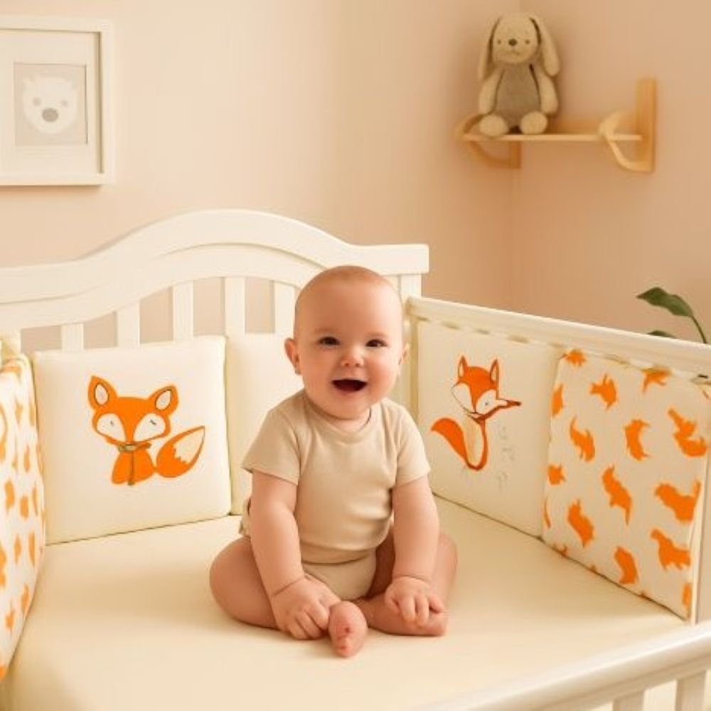 Bébé souriant assis dans un lit blanc entouré d'un tour de lit bébé renard orangé.