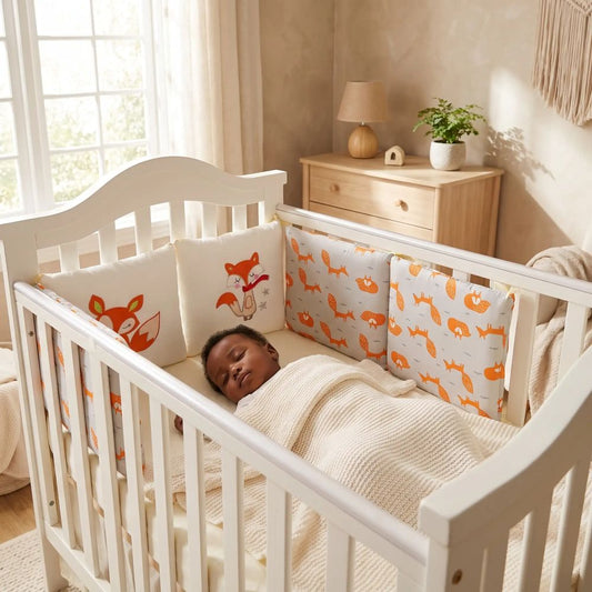 Bébé endormi dans un lit blanc avec un tour de lit bébé renard, chambre douce et lumineuse.