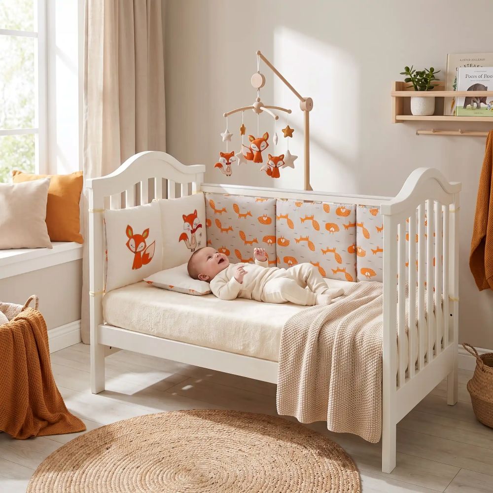 Bébé allongé dans un lit blanc avec tour de lit bébé renard et mobile suspendu.