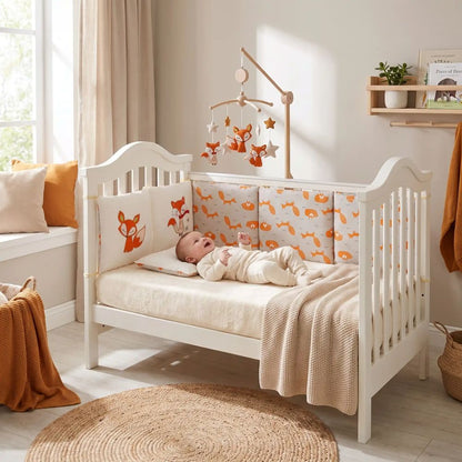 Bébé allongé dans un lit blanc avec tour de lit bébé renard et mobile suspendu.