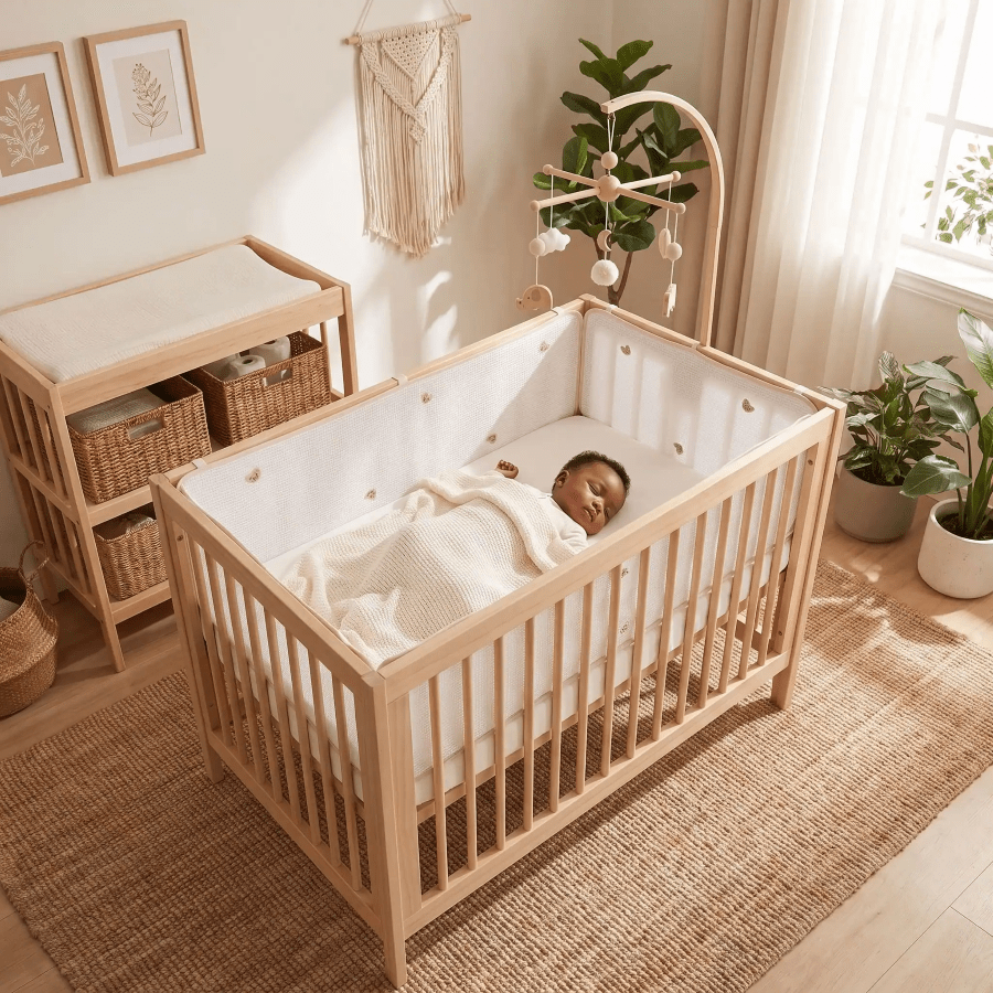 Tour de lit respirant beige et blanc, crée un cocon doux et apaisant pour bébé endormi.
