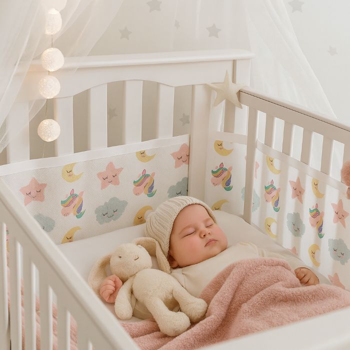 Tour de lit respirant, bébé endormi, peluche lapin, ambiance douce et sécurisée.