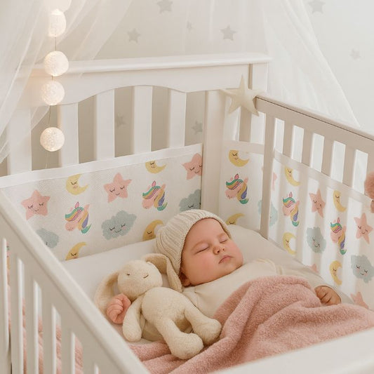 Tour de lit respirant, bébé endormi, peluche lapin, ambiance douce et sécurisée.