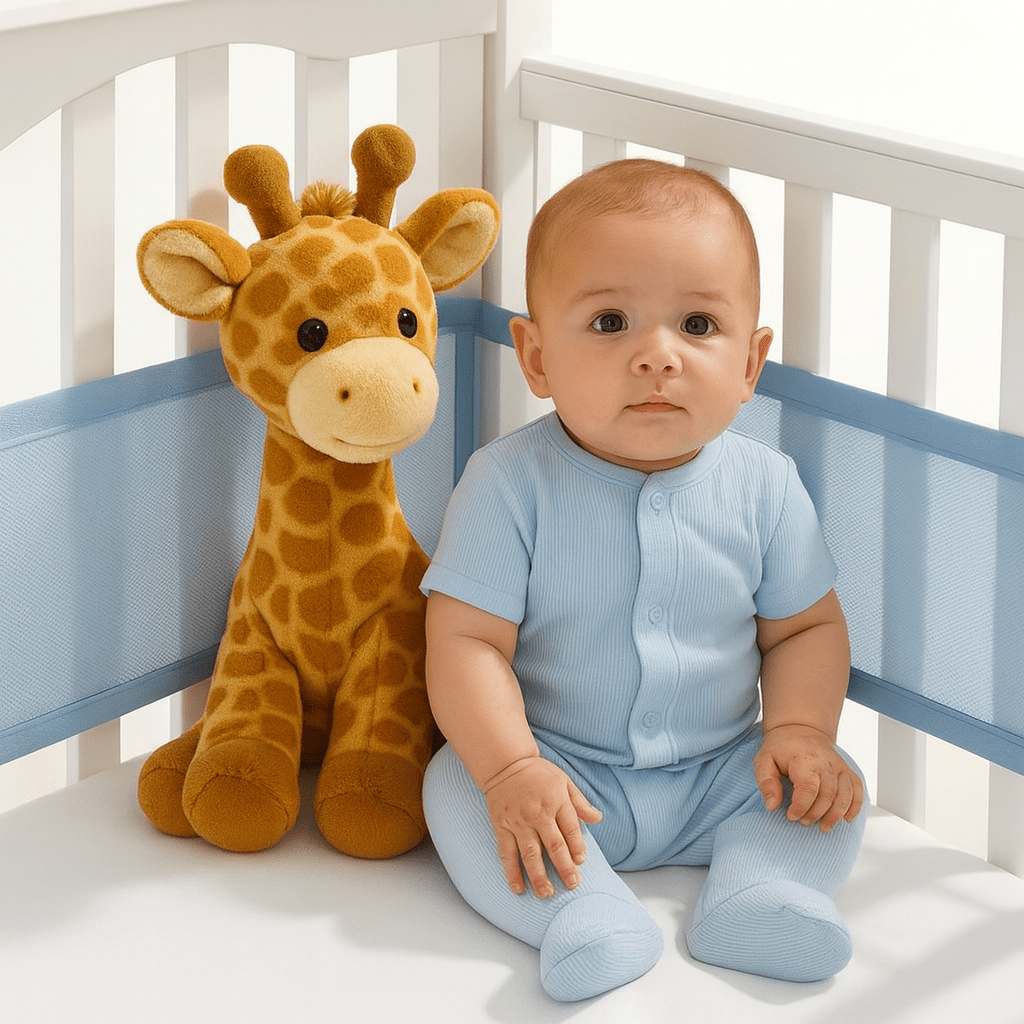Bébé est assis calmement avec son ami en peluche girafe, entouré avec tour de lit respirant bleu