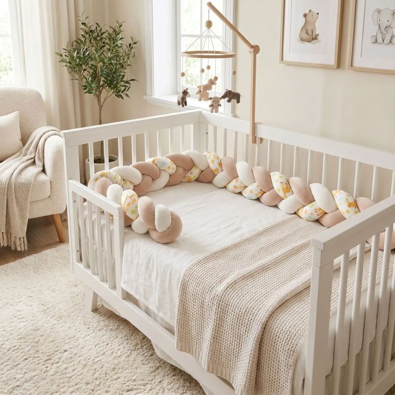 Tour de lit tressé beige et blanc dans une berceau blanche, chambre bébé lumineuse et apaisante.