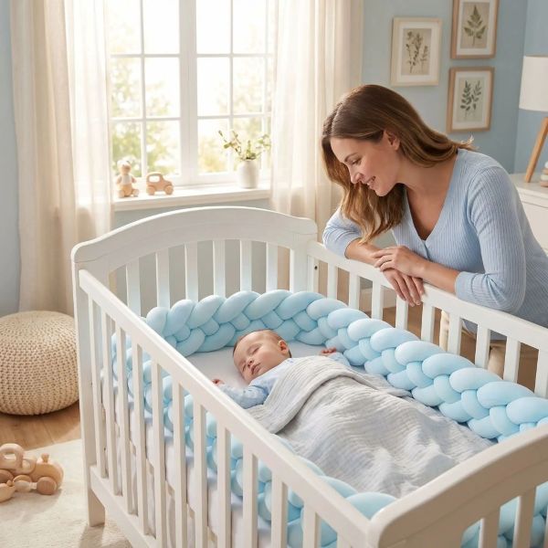 Bébé dormant paisiblement dans un lit blanc avec tour de lit tressé bleu.