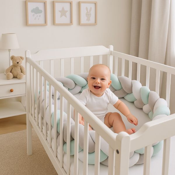 Bébé souriant dans berceau avec tresse de lit pastel, chambre lumineuse et douce.