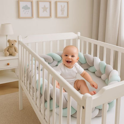 Bébé souriant dans berceau avec tresse de lit pastel, chambre lumineuse et douce.
