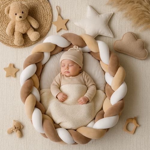 Bébé dans berceau entouré d’une tresse de lit moelleuse et décorative.