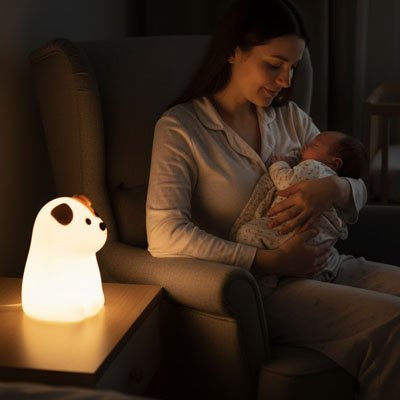 Veilleuse bébé chien allumée pendant moment calme dans chambre de nuit.