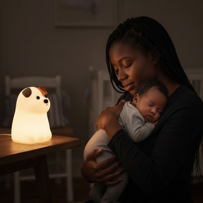 Veilleuse bébé chien éclaire doucement une chambre avec berceau et tendresse nocturne.