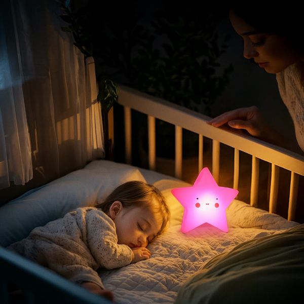 Veilleuse bébé rose, ambiance apaisante et sécurisante, idéale pour accompagner le sommeil des tout-petits.